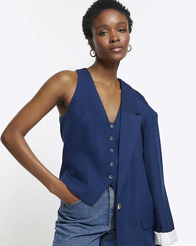 Navy button front waistcoat