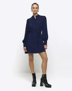 Navy floral tie waist shift mini dress