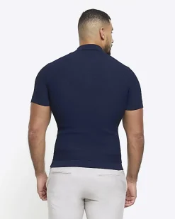 Navy muscle fit knitted half zip polo