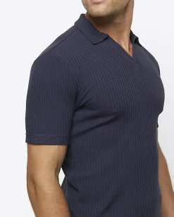 Navy muscle fit rib open collar polo