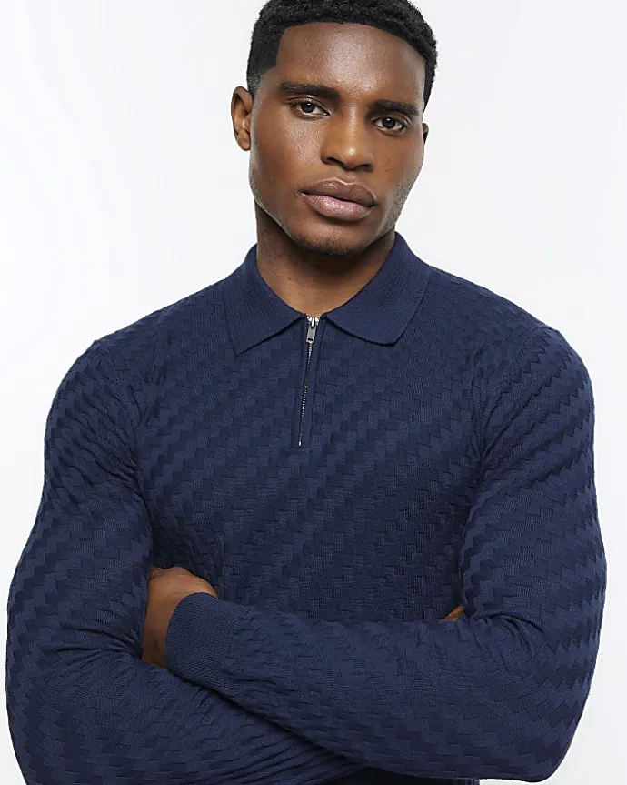 Navy muscle fit zig zag knit polo