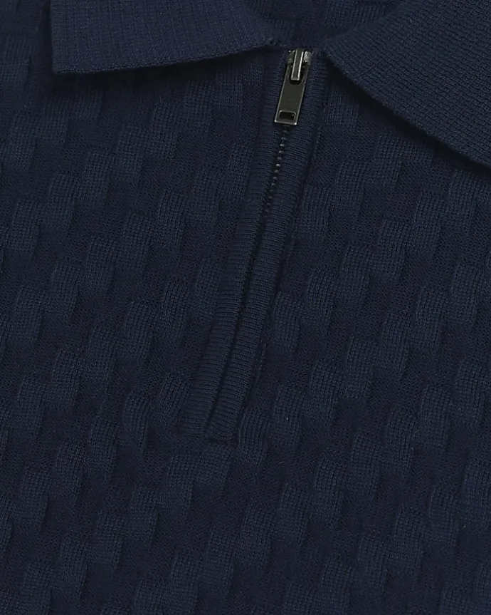 Navy muscle fit zig zag knit polo