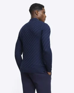 Navy muscle fit zig zag knit polo
