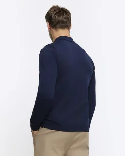 Navy muscle textured knit long sleeve polo