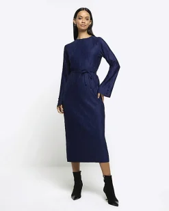 Navy plisse belted bodycon mini dress
