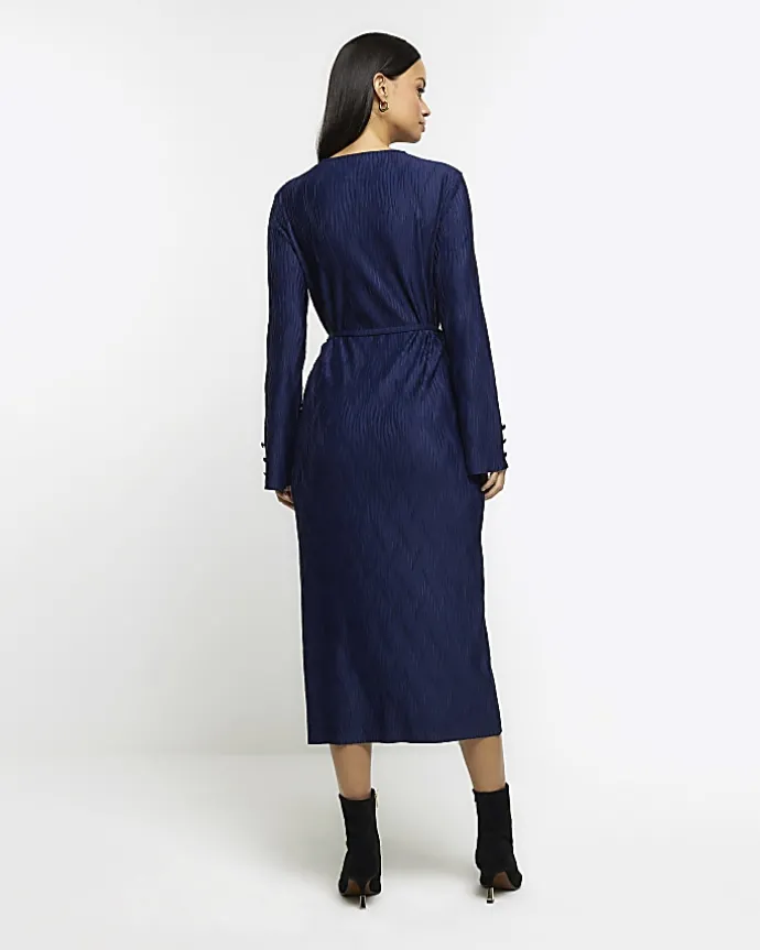 Navy plisse belted bodycon mini dress