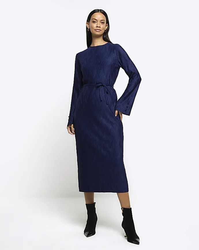 Navy plisse belted bodycon mini dress