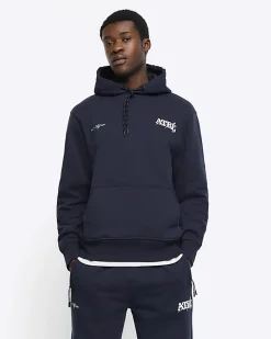 Navy regular fit embossed graphic hoodie