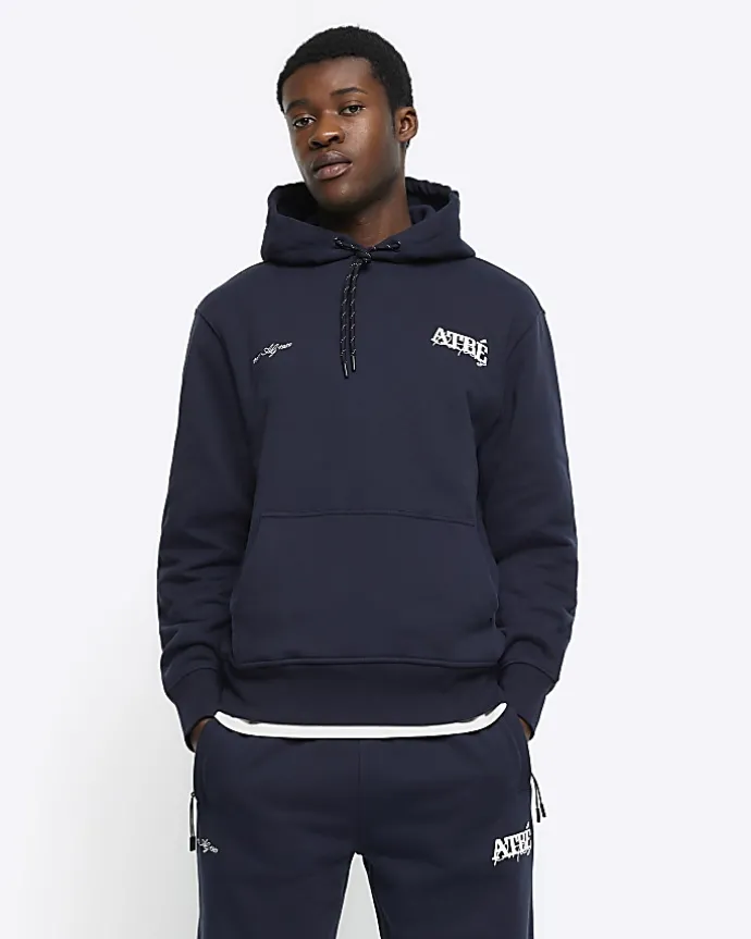 Navy regular fit embossed graphic hoodie