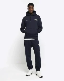 Navy regular fit embossed graphic hoodie