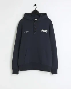 Navy regular fit embossed graphic hoodie