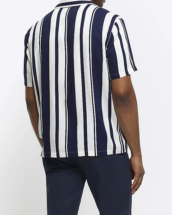 Navy regular fit stripe revere shirt