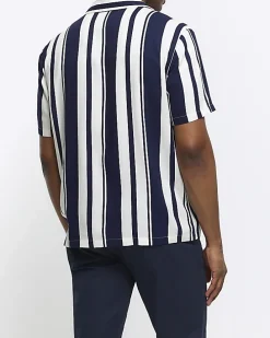 Navy regular fit stripe revere shirt