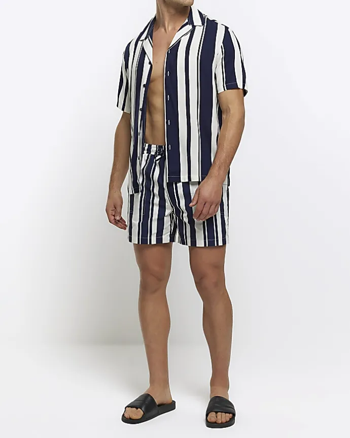 Navy regular fit stripe swim shorts