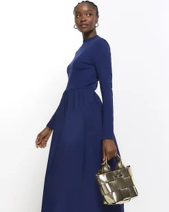 Navy rib long sleeve smock midi dress