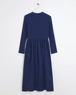 Navy rib long sleeve smock midi dress