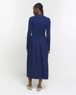 Navy rib long sleeve smock midi dress