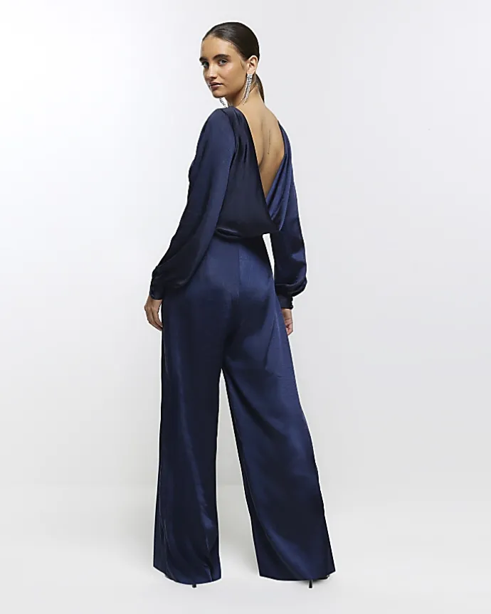 Navy satin open back jumpsuit