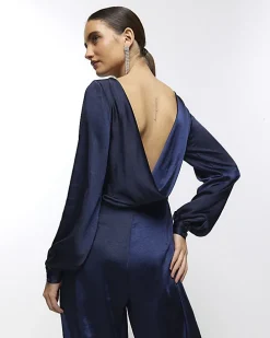 Navy satin open back jumpsuit