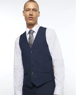 Navy skinny fit twill suit waistcoat