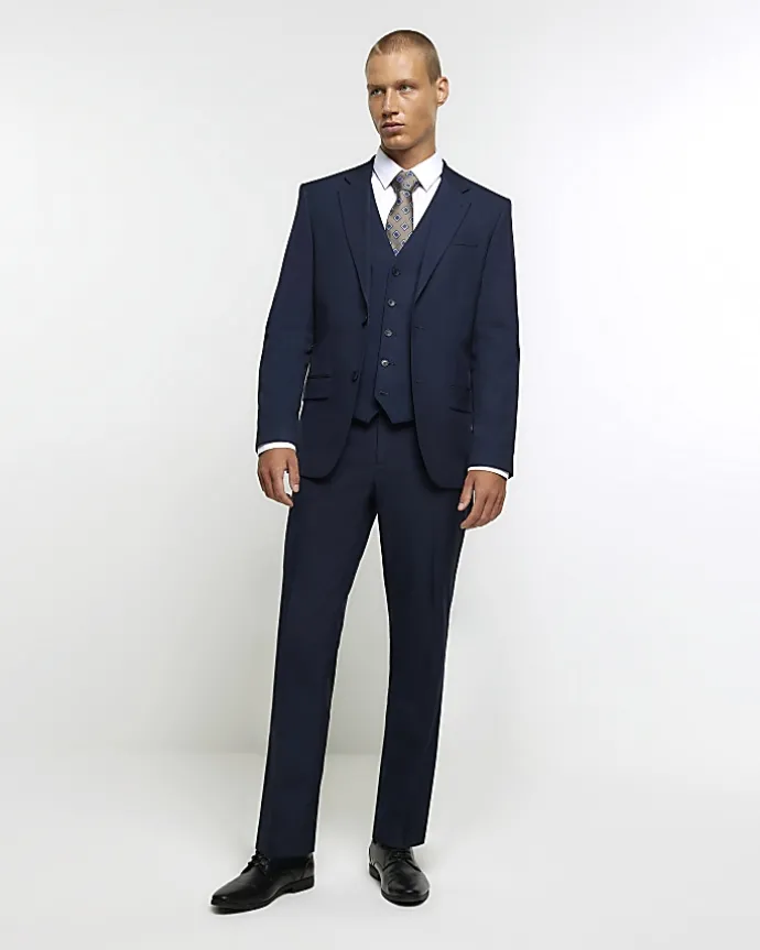 Navy skinny fit twill suit waistcoat