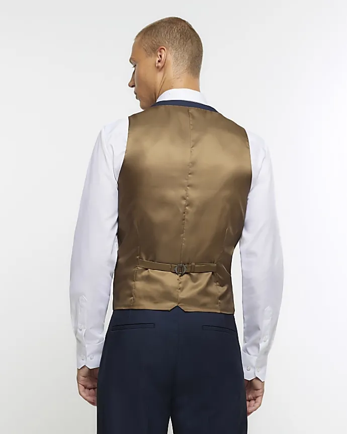 Navy skinny fit twill suit waistcoat