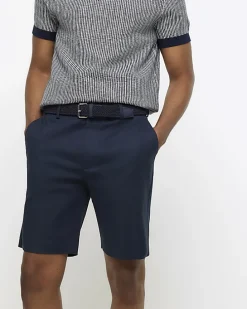 Navy slim fit belted chino shorts