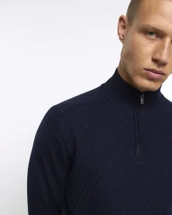 Navy slim fit diagonal half zip jumper