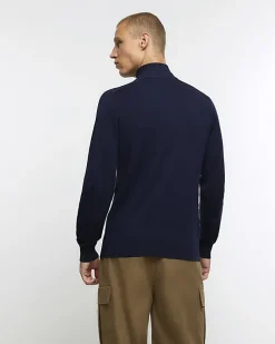 Navy slim fit diagonal half zip jumper