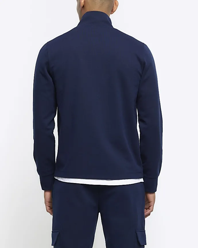 Navy slim fit textured funnel sweatshirt