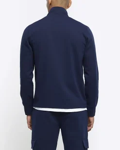 Navy slim fit textured funnel sweatshirt