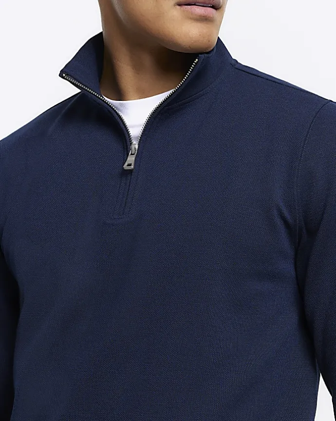 Navy slim fit textured funnel sweatshirt
