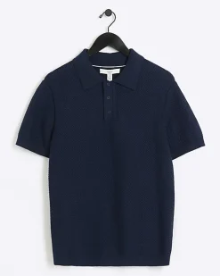 Navy slim fit textured knit polo