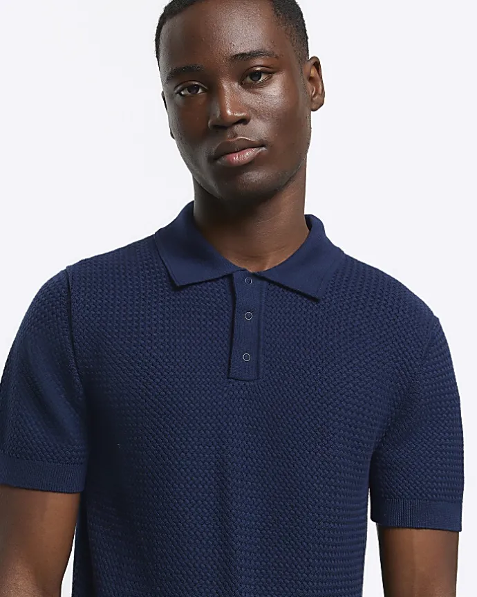 Navy slim fit textured knit polo