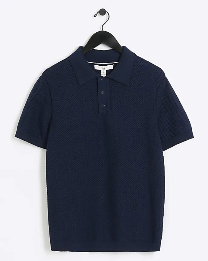 Navy slim fit textured knit polo
