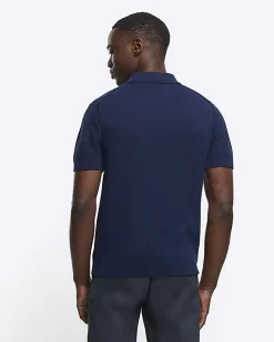 Navy slim fit textured knit polo