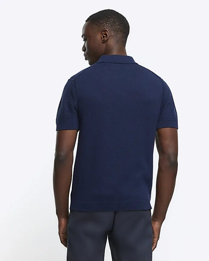 Navy slim fit textured knit polo