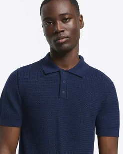 Navy slim fit textured knit polo