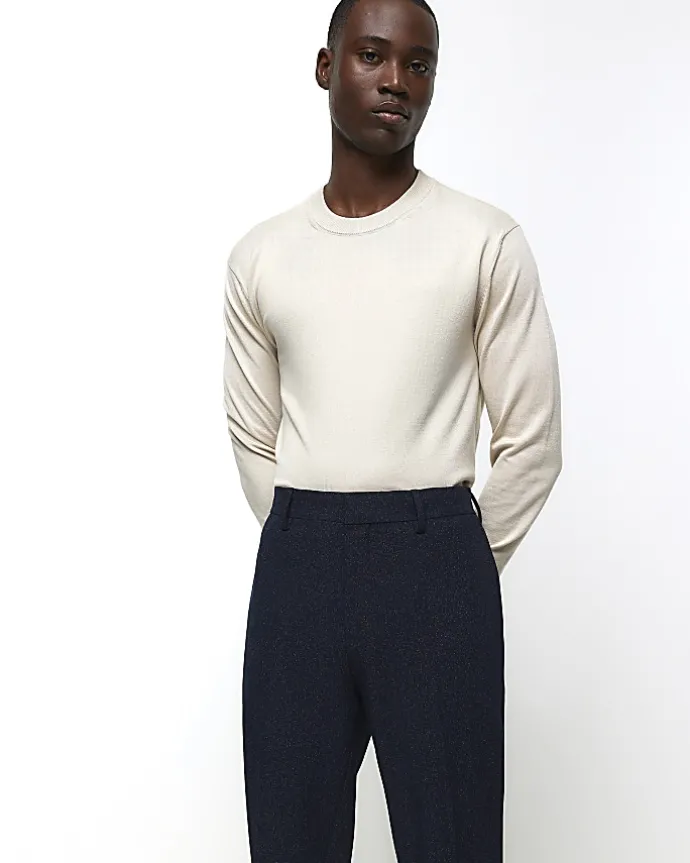 Navy slim fit textured suit trousers