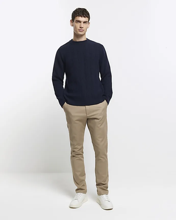 Navy slim fit wool blend crew jumper