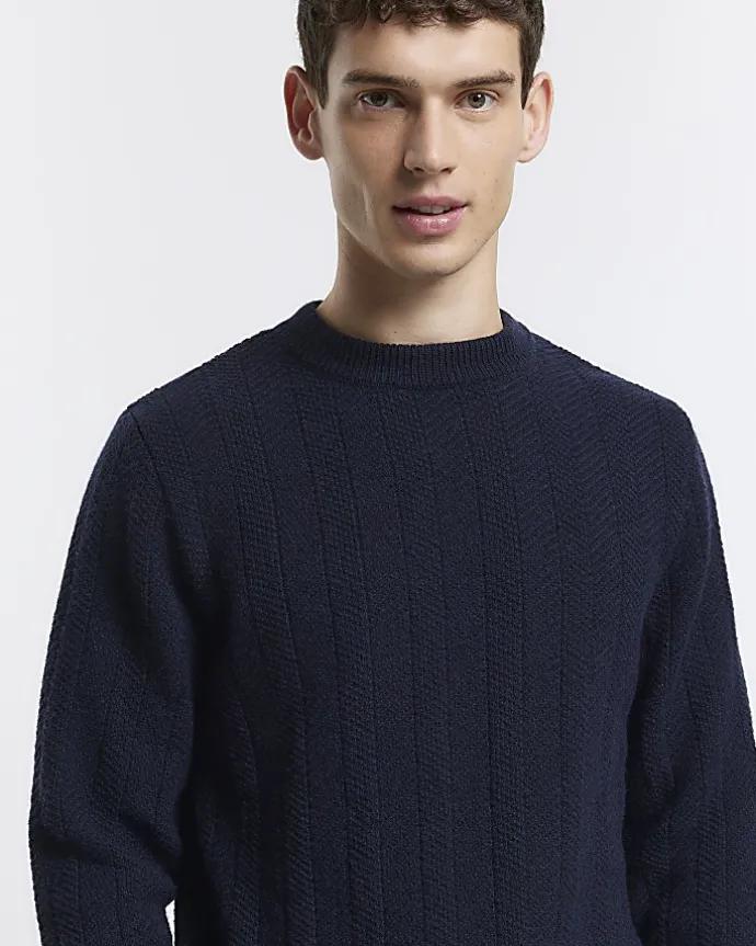 Navy slim fit wool blend crew jumper