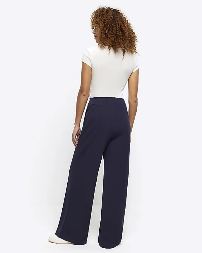 Navy Stitched Wide Leg Trousers