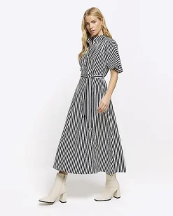 Navy stripe belted midi shirt dress