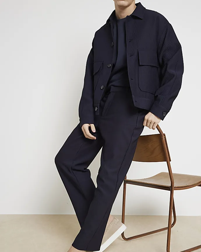 Navy tapered fit plisse smart trousers