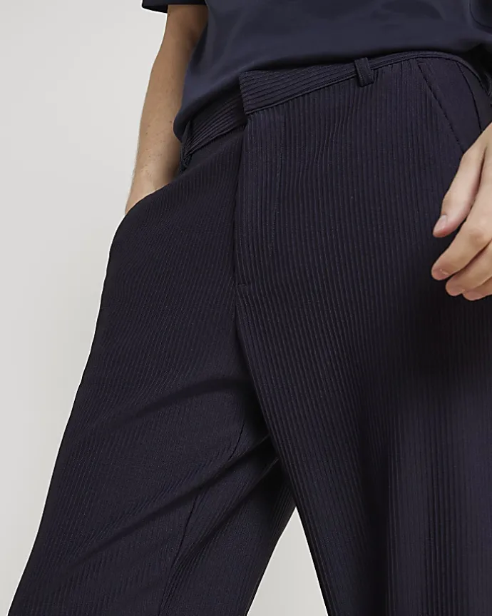 Navy tapered fit plisse smart trousers