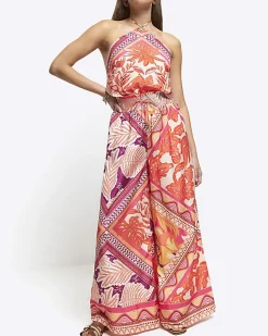 Orange floral wide leg trousers