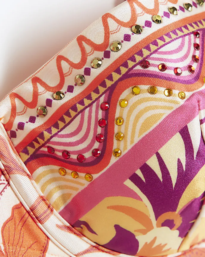 Orange scarf print structured bikini top