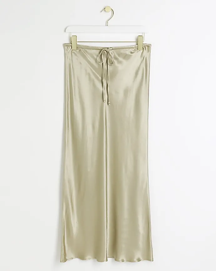 Petite beige tie waist midi skirt