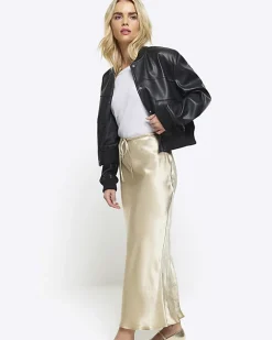 Petite beige tie waist midi skirt