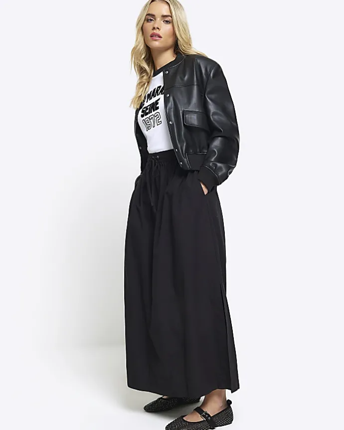 Petite black elasticated waist maxi skirt